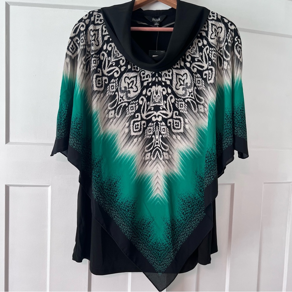 Investments Black and Green Patterned Blouse, Size 1X